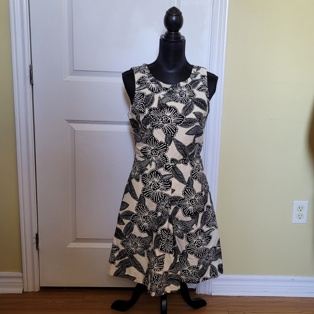 J. Crew Black and Cream Floral Fit-and-Flare Dress